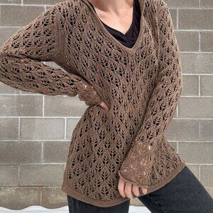 Crochet Open Knit Pullover Jumper Brown Eddie Bauer Womens Medium